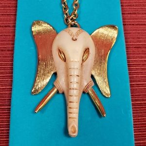 Vintage Lg Gold & White Elephant Necklace